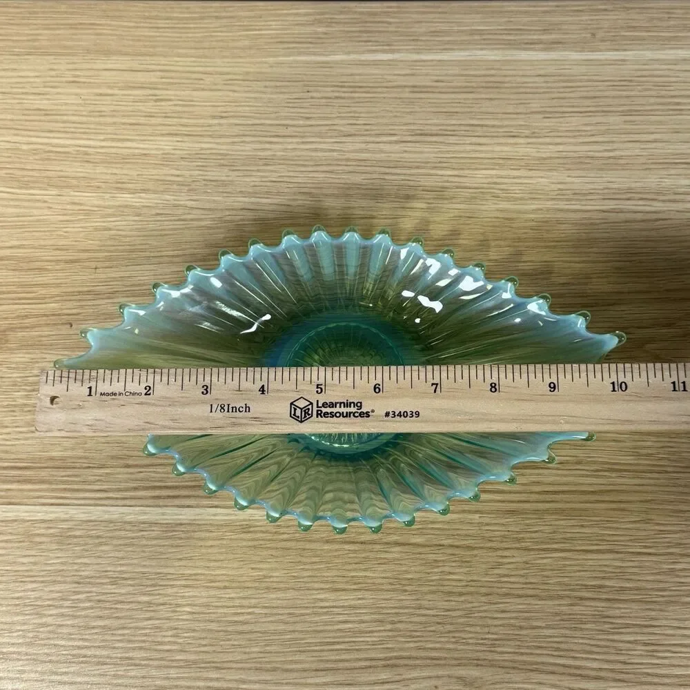 Vtg Fostoria Heirloom Aqua Opalescent Oblong Flared Art Glass Bowl MCM 13